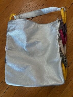 Rare vintage metallic Italian hobo Shoulder Bag with Multicolor Accent Handles